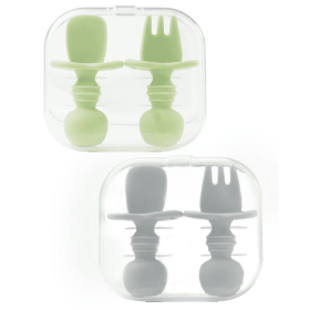 4 Pcs Baby Spoons Self Feeding 6 Months, Silicone Baby Spoons First Stage and Baby Fork, Toddler Utensils for Baby Led Weaning with 2 Cases (Green