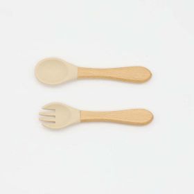 Baby Food Grade Wooden Handles Silicone Spoon Fork Cutlery (Size/Age: Average Size (0-8Y), Color: Apricot)
