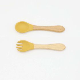 Baby Food Grade Wooden Handles Silicone Spoon Fork Cutlery (Size/Age: Average Size (0-8Y), Color: yellow)