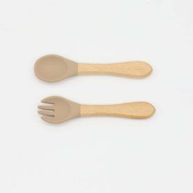Baby Food Grade Wooden Handles Silicone Spoon Fork Cutlery (Size/Age: Average Size (0-8Y), Color: Khaki)