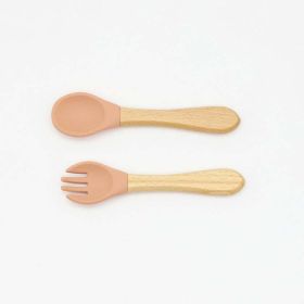 Baby Food Grade Wooden Handles Silicone Spoon Fork Cutlery (Size/Age: Average Size (0-8Y), Color: Orange)