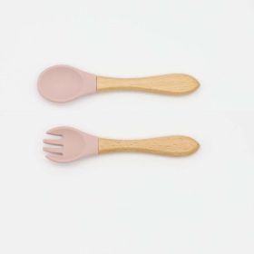 Baby Food Grade Wooden Handles Silicone Spoon Fork Cutlery (Size/Age: Average Size (0-8Y), Color: Light Pink)