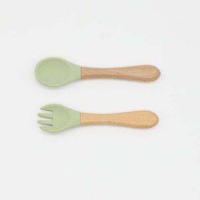 Baby Food Grade Wooden Handles Silicone Spoon Fork Cutlery (Size/Age: Average Size (0-8Y), Color: Light Green)