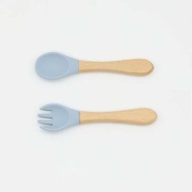 Baby Food Grade Wooden Handles Silicone Spoon Fork Cutlery (Size/Age: Average Size (0-8Y), Color: Navy Blue (Dark Blue))