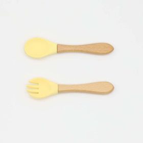 Baby Food Grade Wooden Handles Silicone Spoon Fork Cutlery (Size/Age: Average Size (0-8Y), Color: Light Yellow)