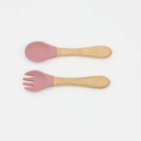 Baby Food Grade Wooden Handles Silicone Spoon Fork Cutlery (Size/Age: Average Size (0-8Y), Color: Red)