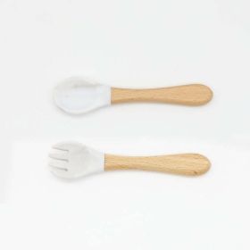 Baby Food Grade Wooden Handles Silicone Spoon Fork Cutlery (Size/Age: Average Size (0-8Y), Color: White)