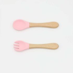Baby Food Grade Wooden Handles Silicone Spoon Fork Cutlery (Size/Age: Average Size (0-8Y), Color: pink)