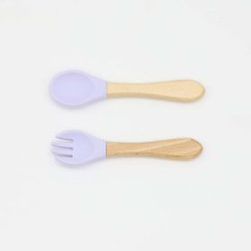 Baby Food Grade Wooden Handles Silicone Spoon Fork Cutlery (Size/Age: Average Size (0-8Y), Color: Purple)