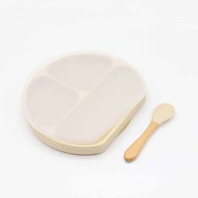 Baby Silicone Compartment Plate With Wooden Spoon (Size/Age: Average Size (0-8Y), Color: Beige)