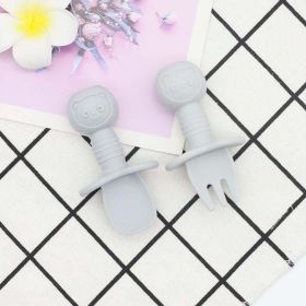 Baby Bear Pattern Complementary Food Training Lovely Silicone Spoon Fork Sets (Size/Age: Average Size (0-8Y), Color: Grey)