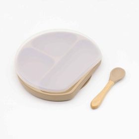 Baby Silicone Compartment Plate With Wooden Spoon (Size/Age: Average Size (0-8Y), Color: Khaki)