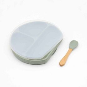 Baby Silicone Compartment Plate With Wooden Spoon (Size/Age: Average Size (0-8Y), Color: Green)