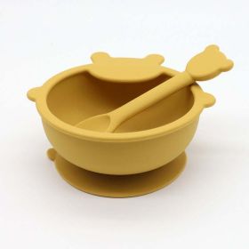 Baby Cartoon Bear Shape Complementary Food Training Silicone Bowl With Spoon Sets (Size/Age: Average Size (0-8Y), Color: yellow)