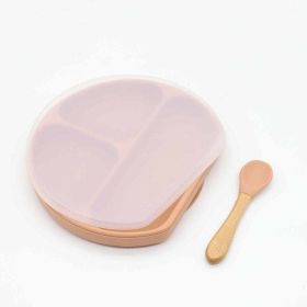 Baby Silicone Compartment Plate With Wooden Spoon (Size/Age: Average Size (0-8Y), Color: Light Pink)