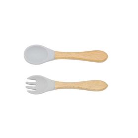 Baby Food Grade Wooden Handles Silicone Spoon Fork Cutlery (Size/Age: Average Size (0-8Y), Color: Grey)